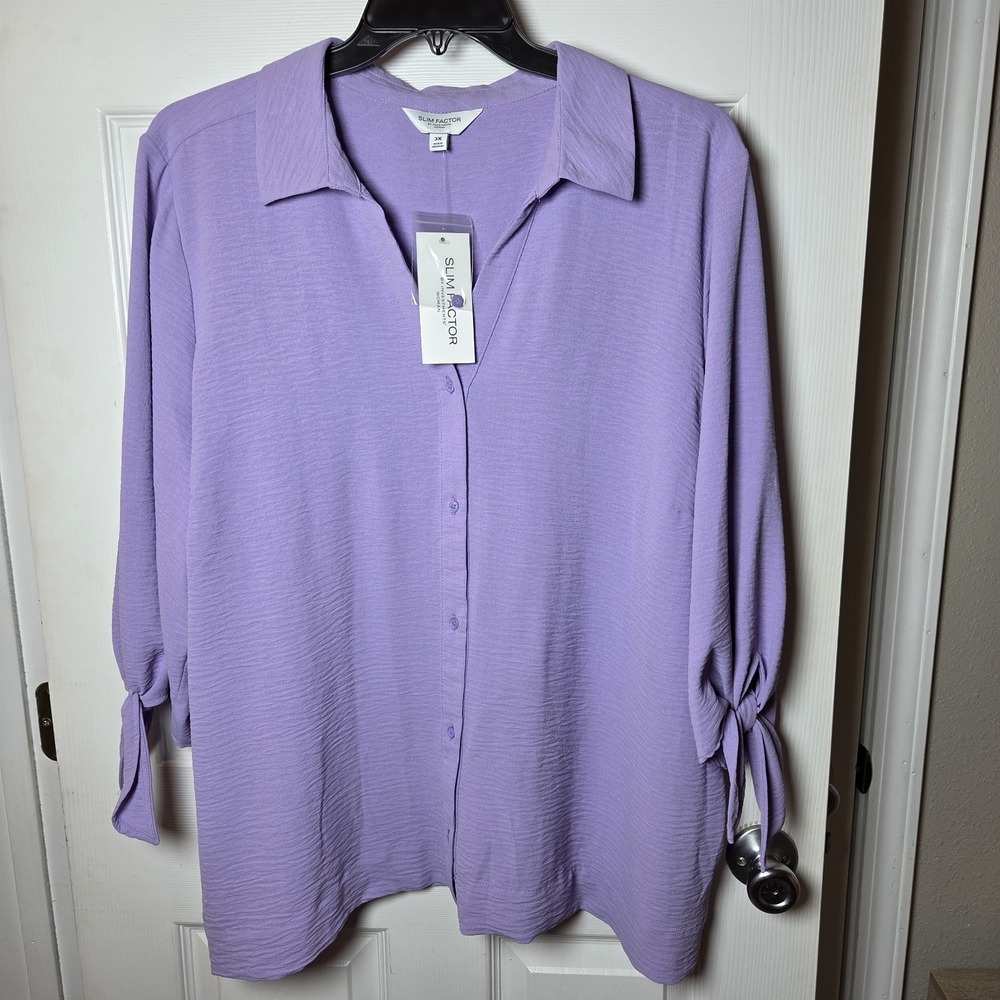 Slim Factor sz 3X lavender button up 3/4 slv top NWT casual career basic staple